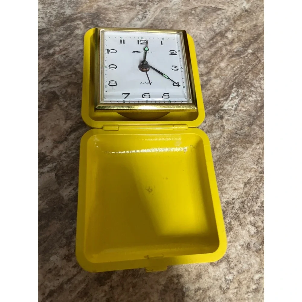 Vintage Kmart Travel Alarm Clock West Germany Yellow Clamshell Mechanical MCM